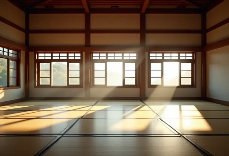Dojo com tatame para judô, ambiente de treino.