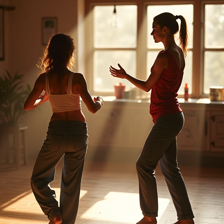 Duas mulheres praticando passos de dança em um workshop ensolarado.