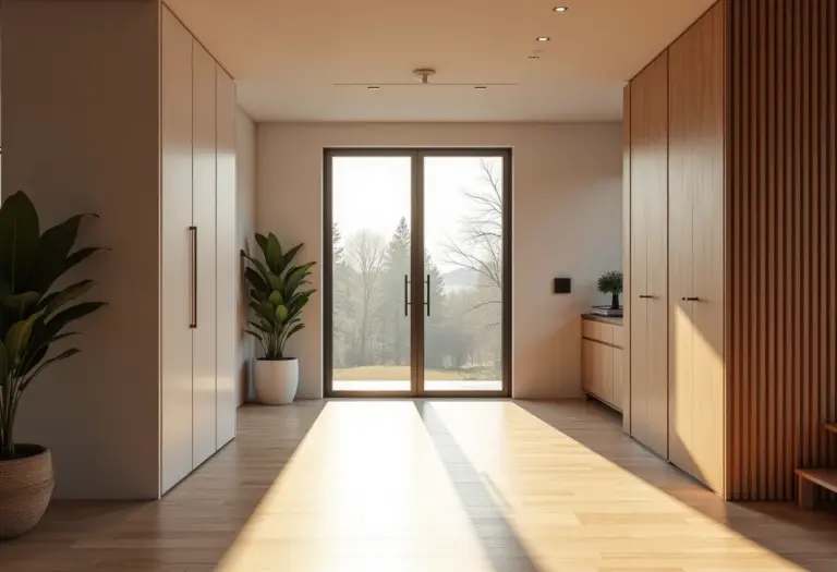 Elegante porta pivotante de alumínio em hall de entrada minimalista