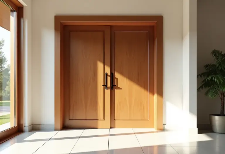 Elegante porta pivotante de madeira em entrada de casa moderna.