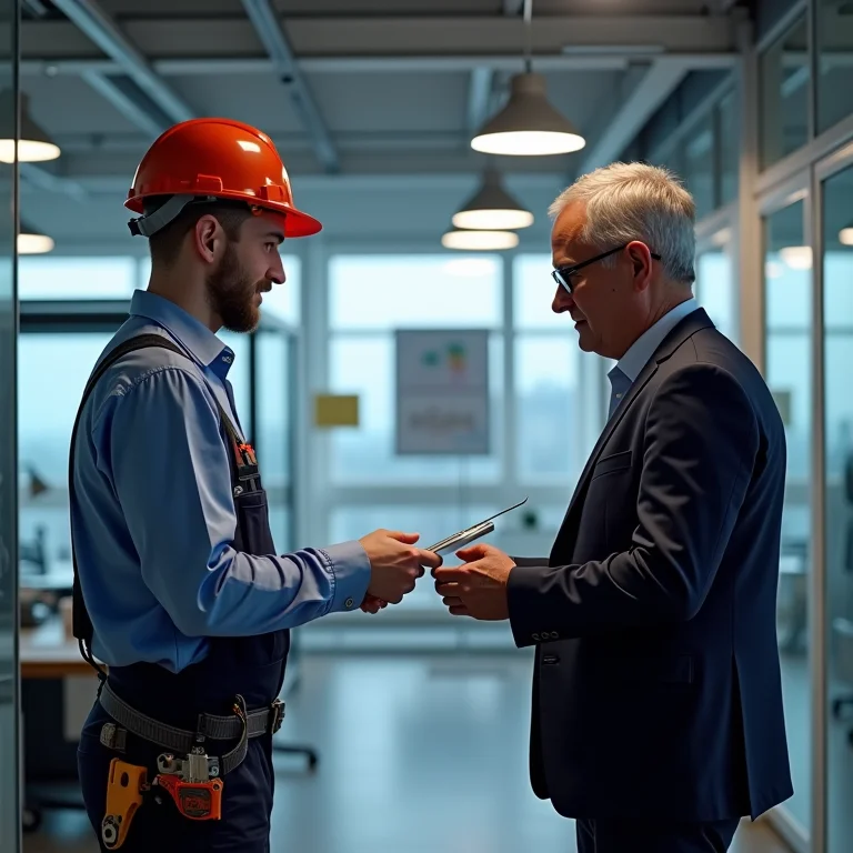 Eletricista comunicando informações técnicas a cliente