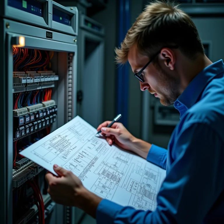 Eletricista examinando diagrama elétrico complexo