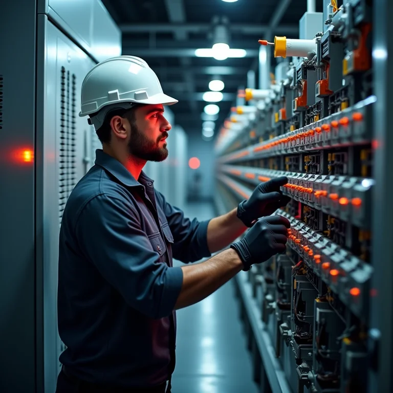 Eletricista trabalhando em instalações industriais