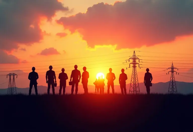 Eletricistas trabalhando em projeto elétrico ao pôr do sol