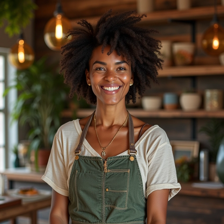 Empreendedora afro-brasileira em sua loja de artesanato sustentável.