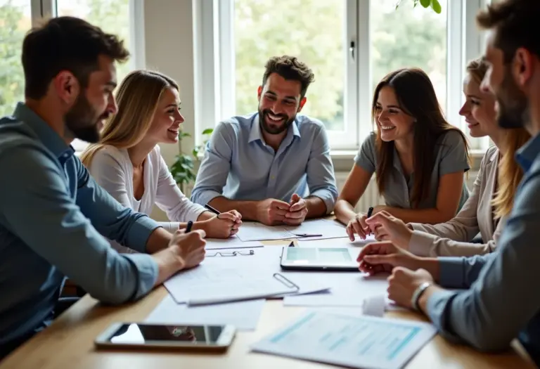 Empreendedores diversos analisando dados financeiros em ambiente de trabalho moderno.