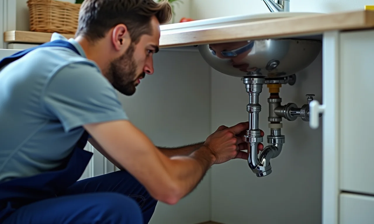 Encanador identificando vazamento em pia.