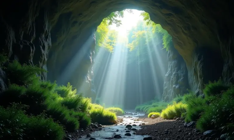 Entrada de uma caverna majestosa com luz solar e vegetação exuberante.