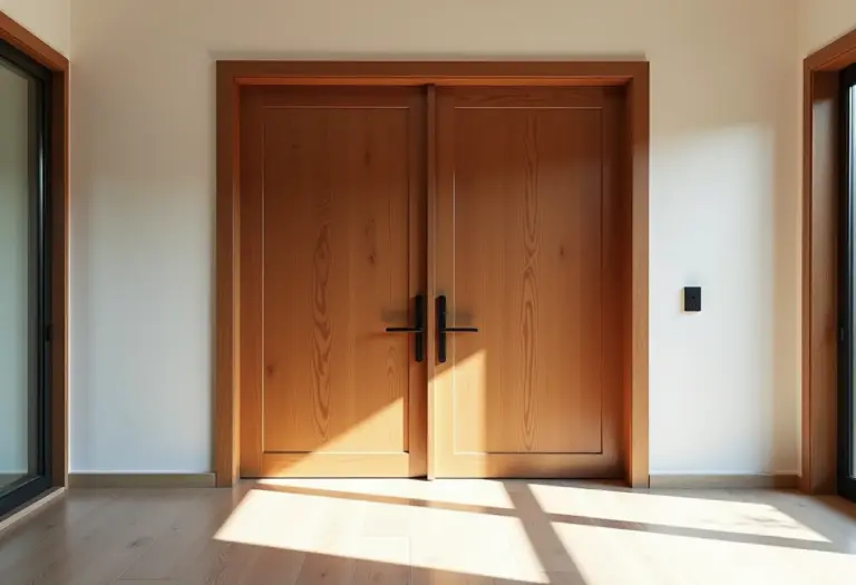 Entrada moderna com porta pivotante de madeira