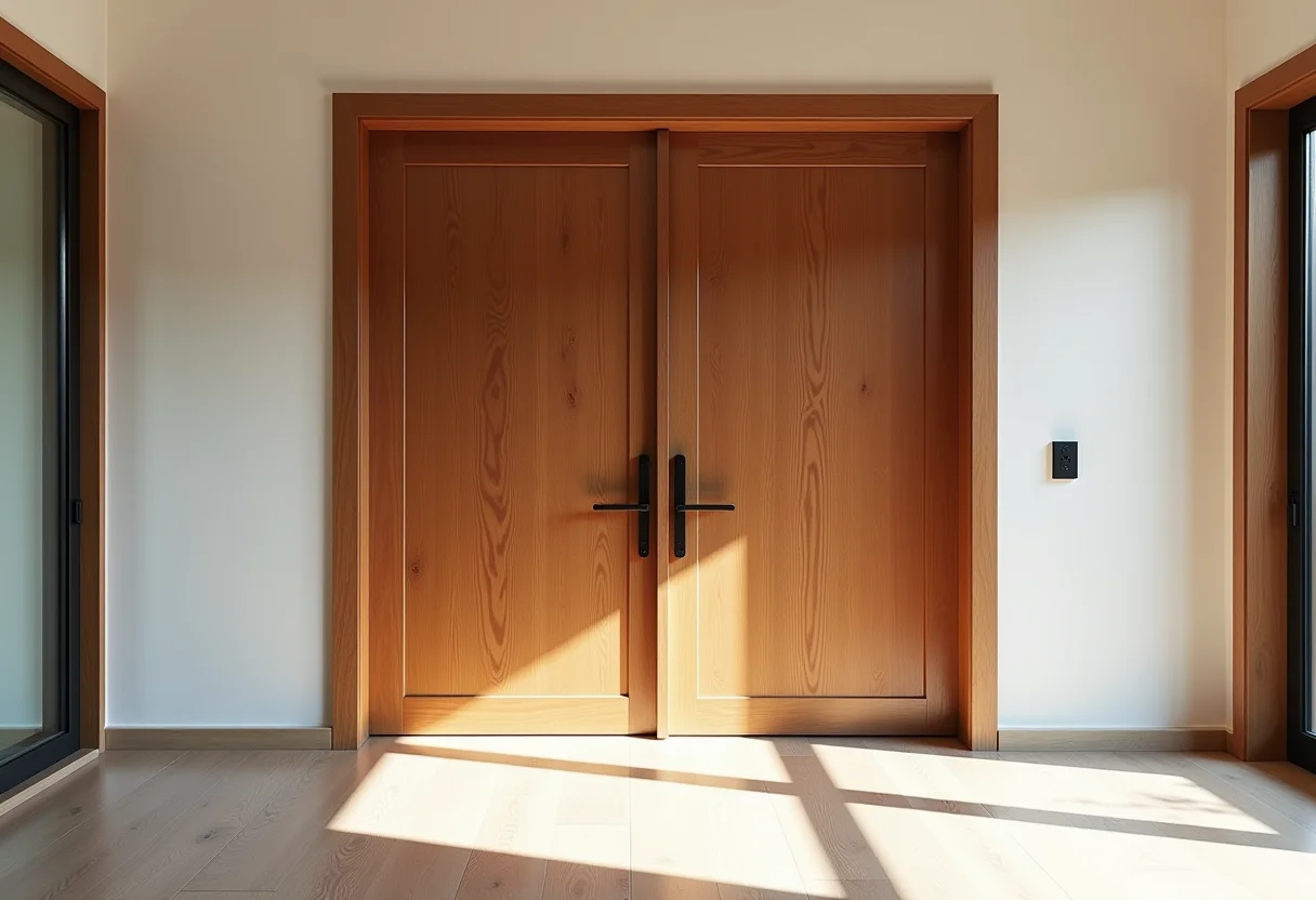 Porta pivotante de madeira: o toque de luxo que sua casa merece Entrada moderna com porta pivotante de madeira