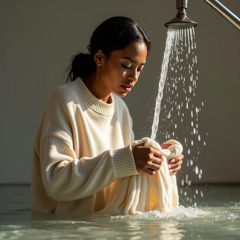 Enxaguando suéter de lã com água fria corrente