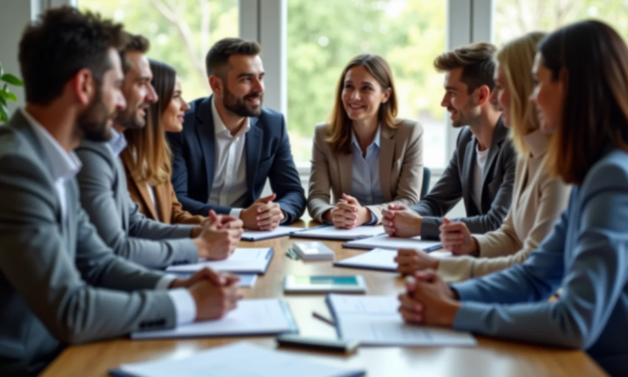 Equipe discutindo em reunião, com foco no resumo das discussões.