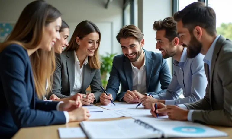 Equipe diversa colaborando em ata de reunião em escritório moderno.