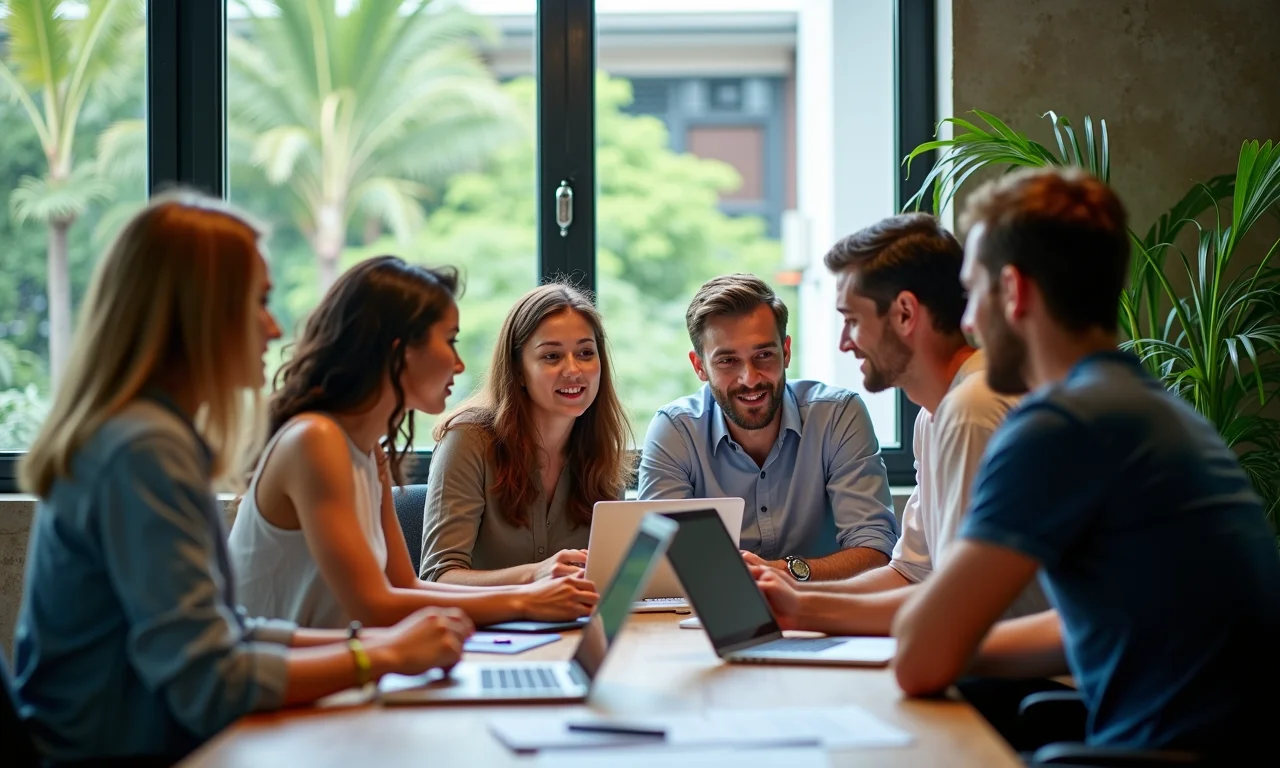 Técnicas Para Otimizar o Seu Conteúdo e Ranqueamento Equipe diversa trabalhando em otimização de SEO em escritório brasileiro.