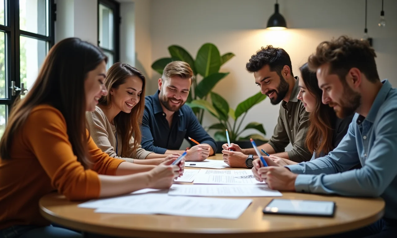 Como Fazer um Currículo Criativo e se Destacar: Modelos Equipe diversificada colaborando em designs de currículos criativos em coworking moderno.