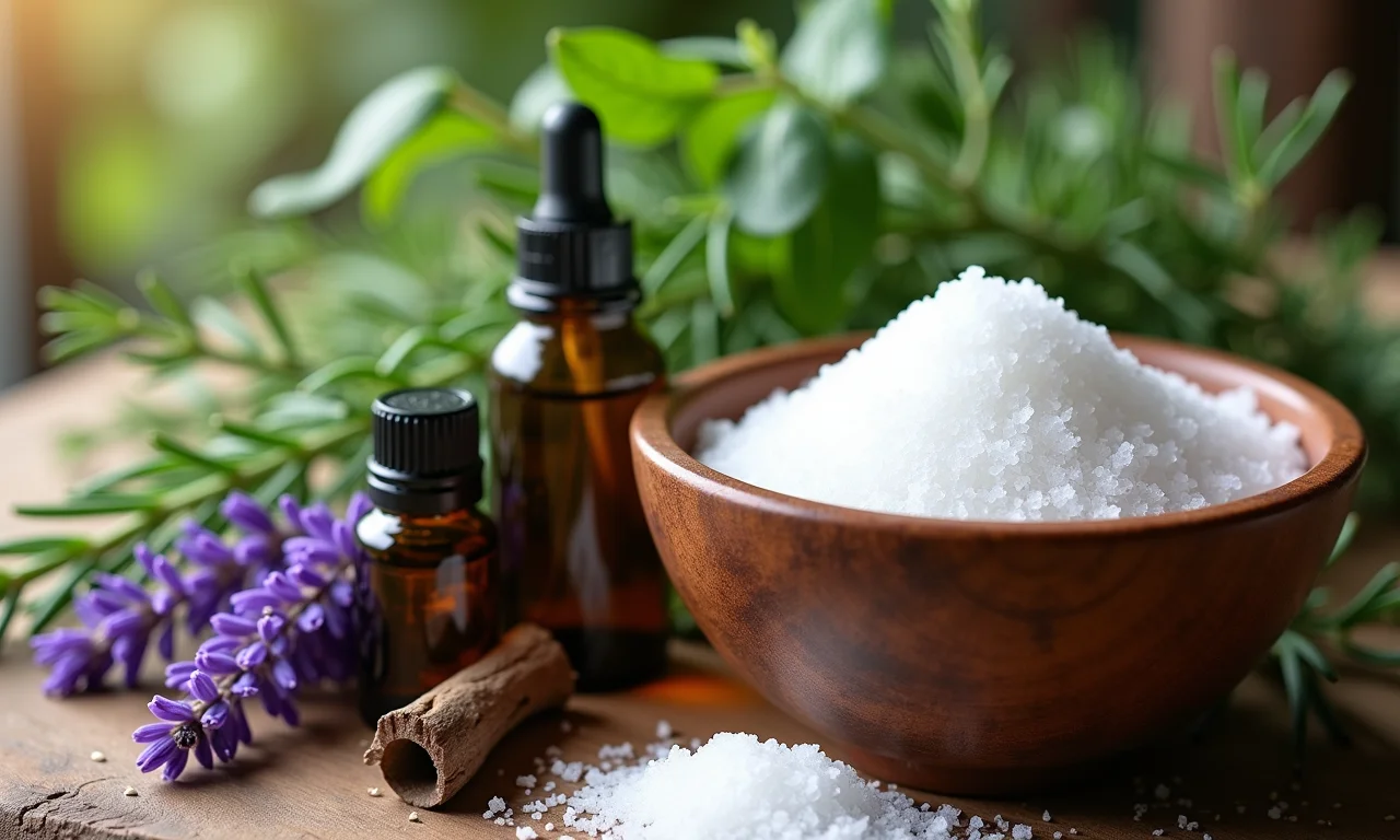 Ervas e óleos essenciais perto de um recipiente com sal grosso.