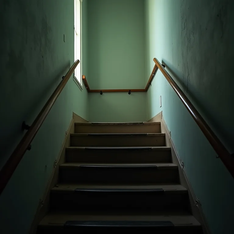 Escada mal iluminada com corrimão pouco visível.