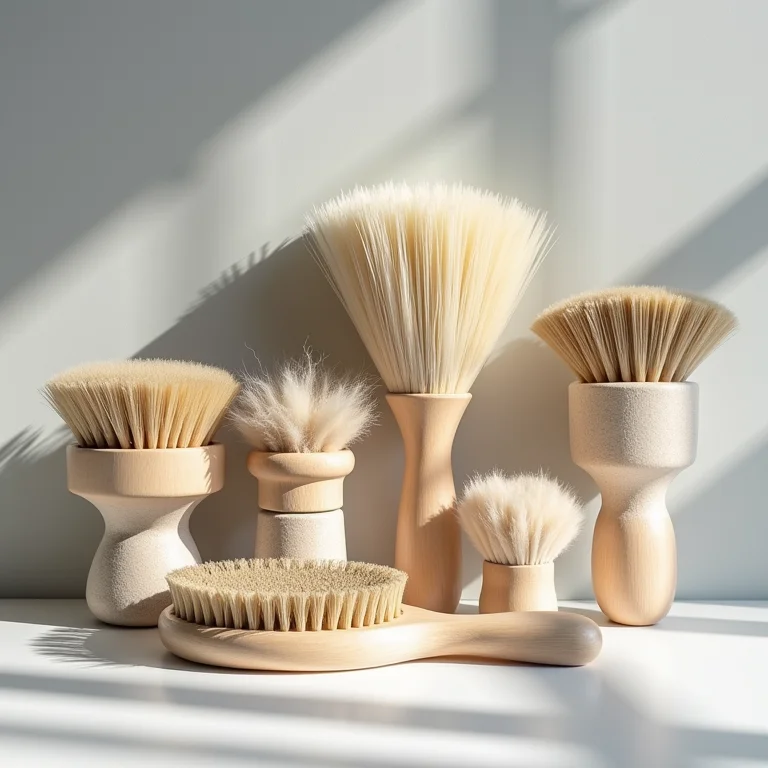 Escovas e pentes para lã em uma superfície cinza clara.