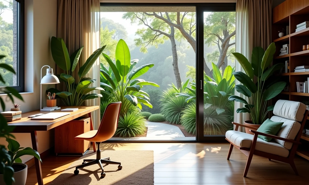 Escritório em casa aconchegante com vista para jardim exuberante, iluminação natural.