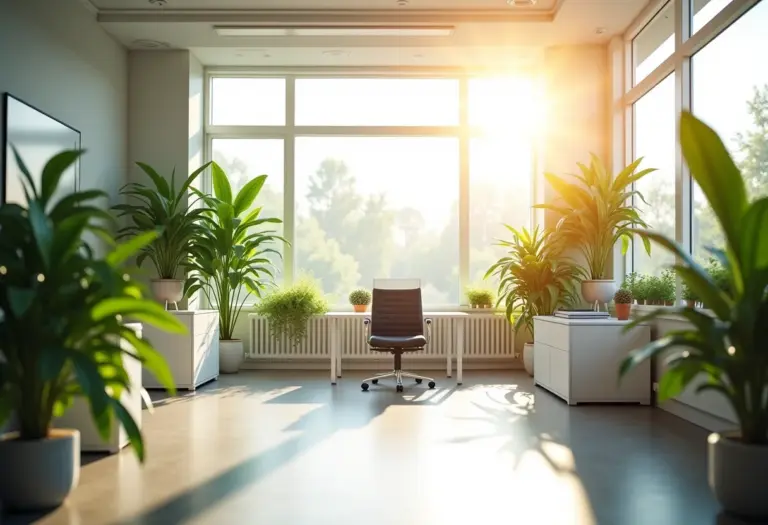 Escritório moderno e bem iluminado com diversas plantas.
