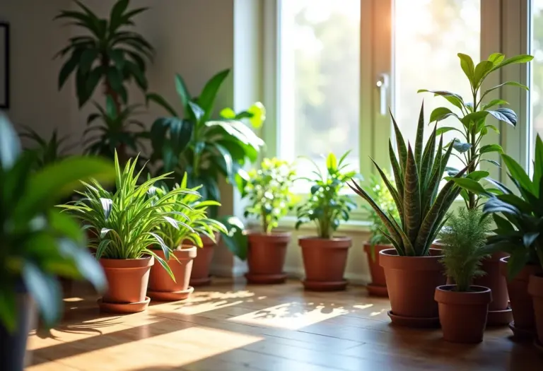Escritório moderno e bem iluminado com diversas plantas saudáveis