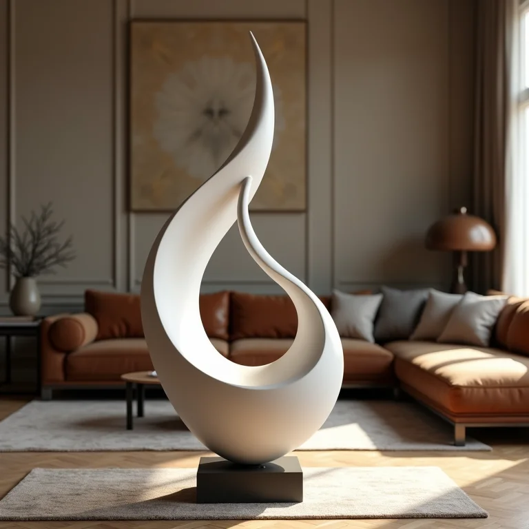 Escultura moderna em sala com móveis antigos