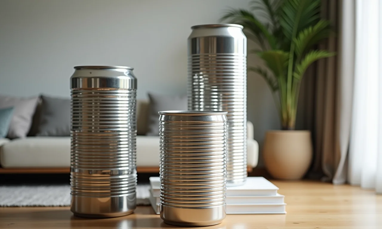 Esculturas modernas feitas com latas de alumínio em apartamento brasileiro.