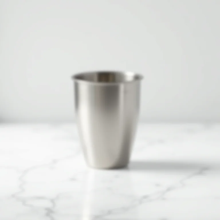 Escumadeira de aço inoxidável sobre mármore branco