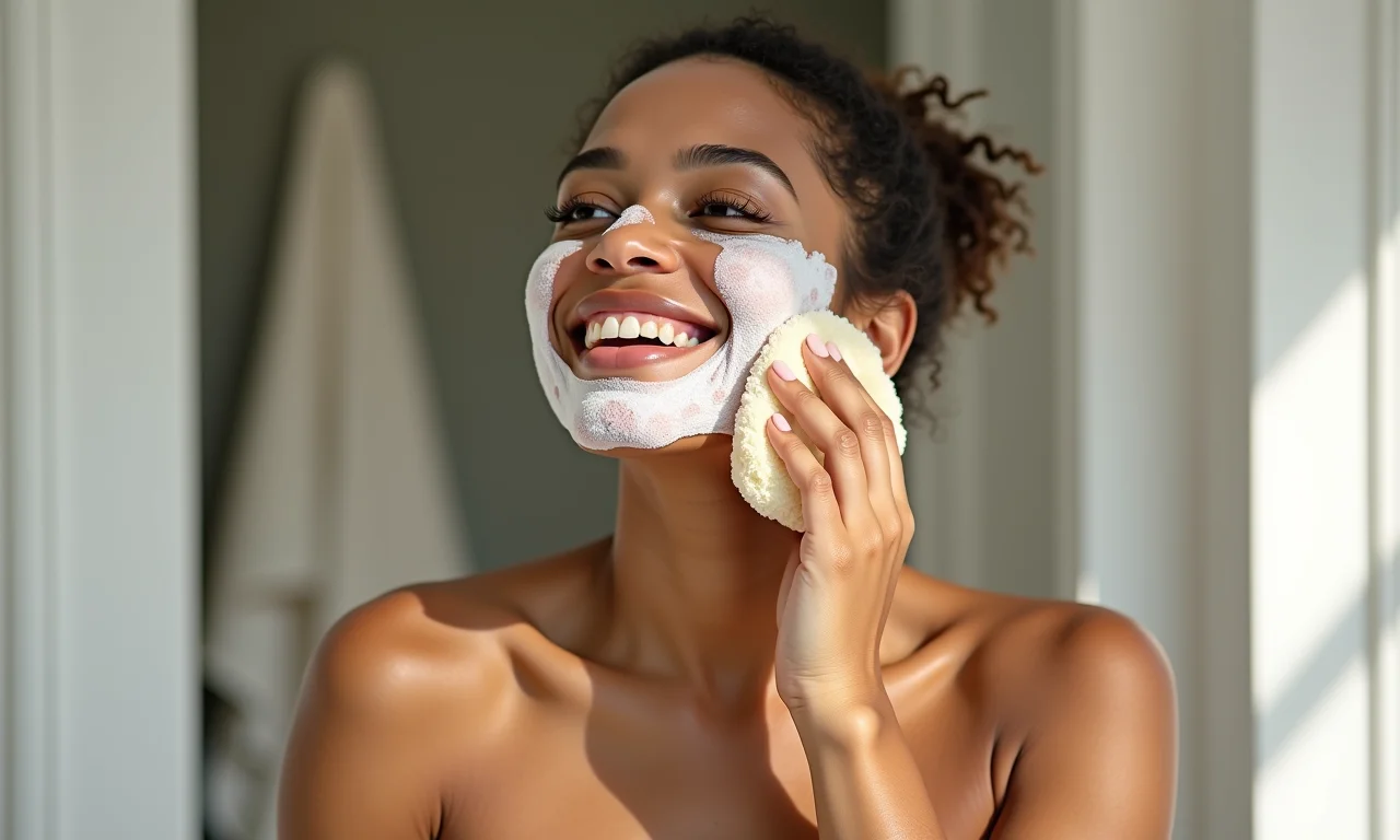 Esfoliação natural com bucha vegetal no banho.