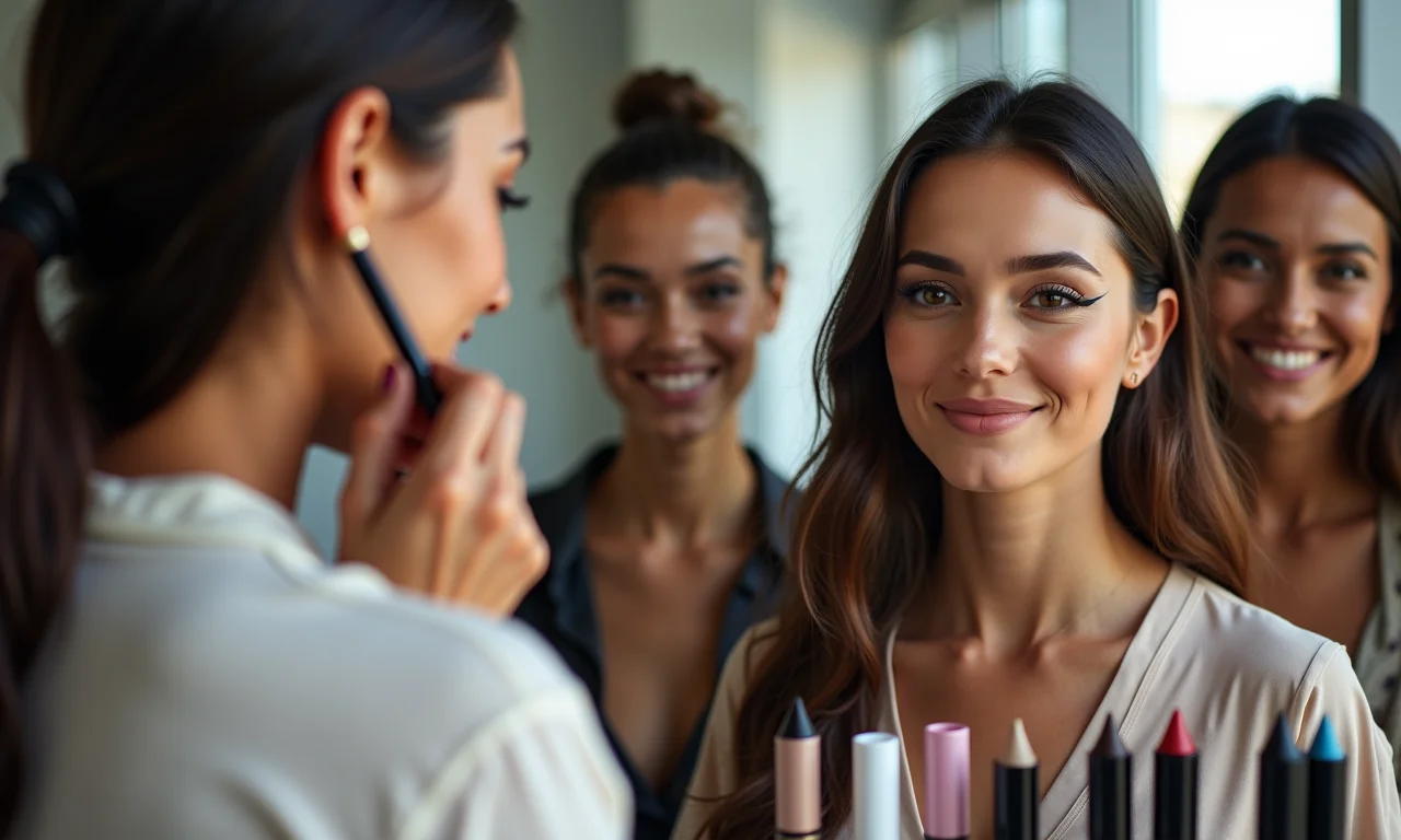 Especialista de maquiagem dando dicas de delineador para mulheres diversas.