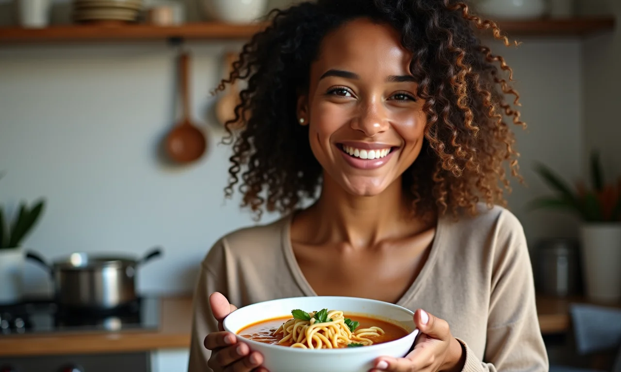 Especialista sorrindo com uma tigela de sopa de macarrão com frango.