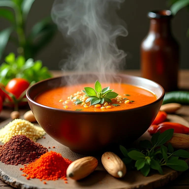 Especiarias coloridas e aromáticas ao redor de um bowl de sopa fumegante