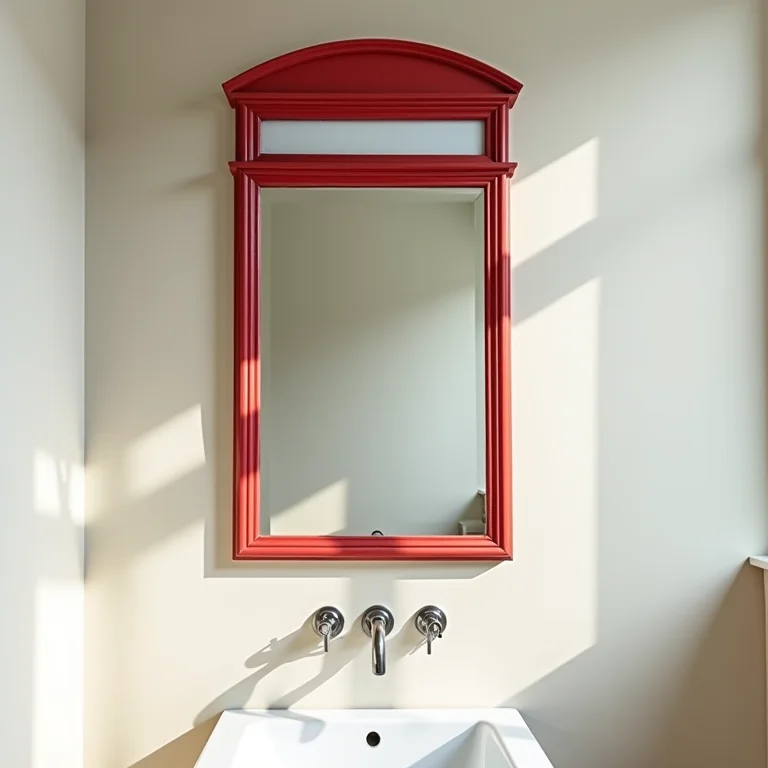 Espelho de banheiro feito com placa de ponto de ônibus de Londres.