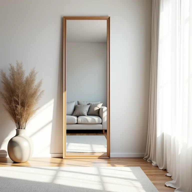 Espelho de corpo inteiro ampliando o espaço de uma sala pequena.