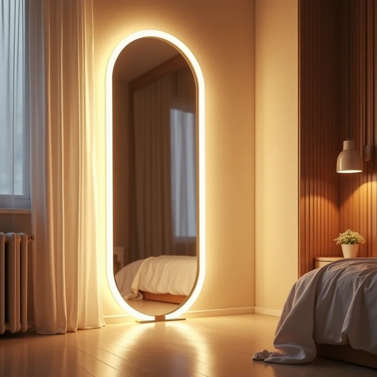 Espelho de corpo inteiro com iluminação suave em um quarto.