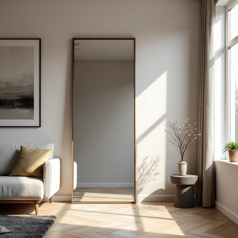 Espelho de corpo inteiro posicionado estrategicamente em uma sala de estar.