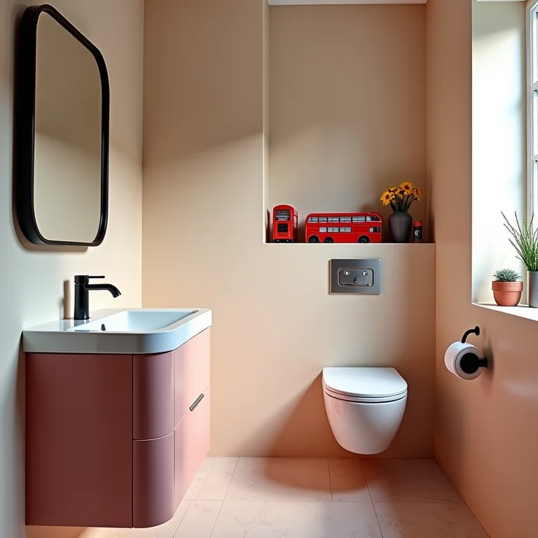 Espelhos ampliando o espaço em um pequeno banheiro temático de Londres.