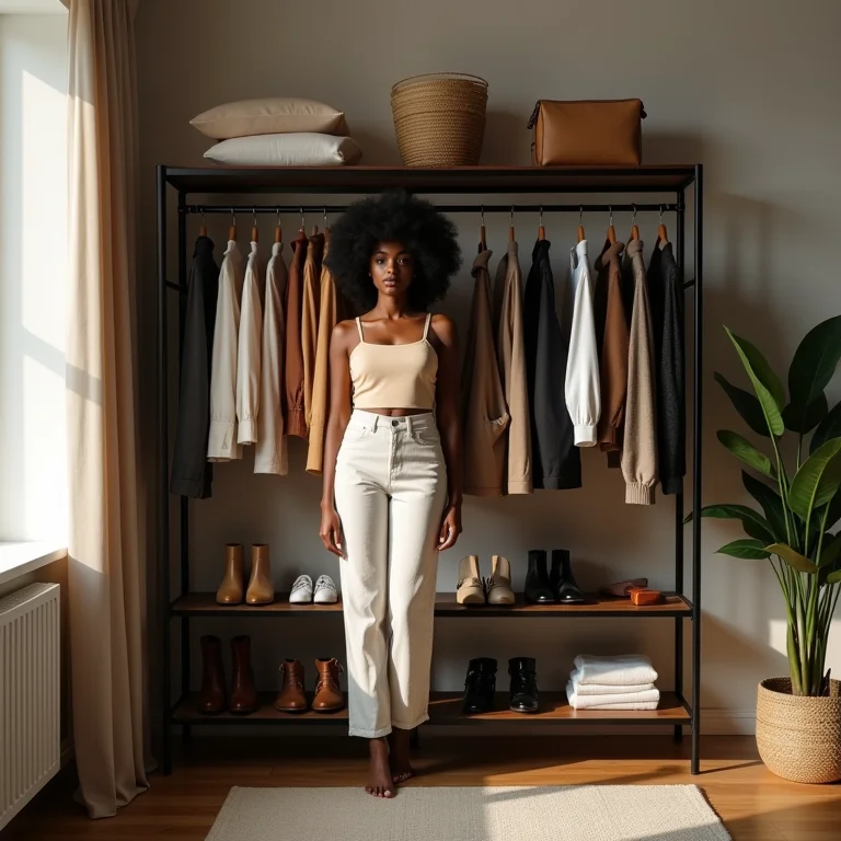 Estante de aço como closet aberto no quarto