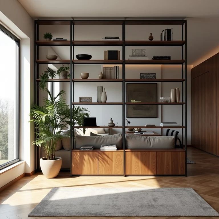 Estante de aço como divisória de ambientes em apartamento