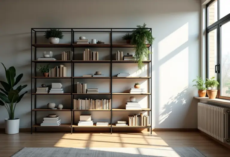 Estante de aço em loft moderno com luz natural