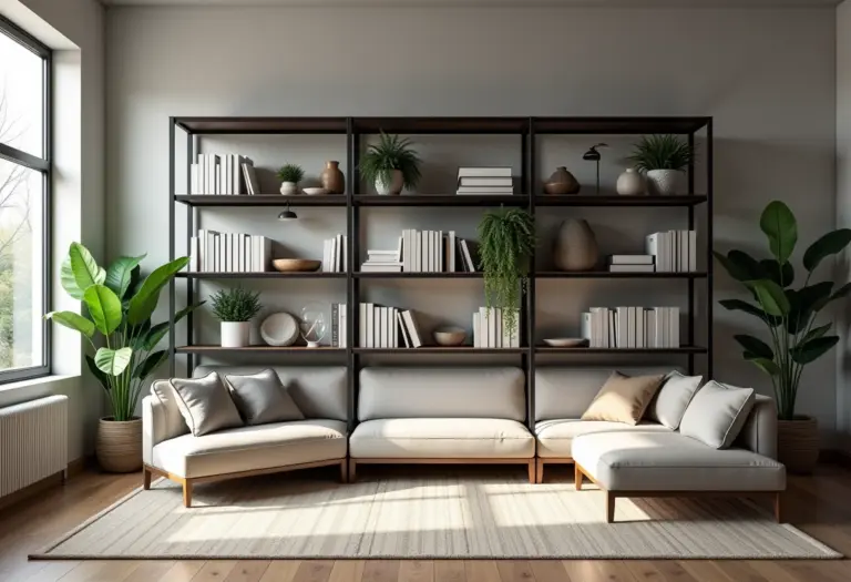 Estante de aço em sala de estar com decoração industrial.