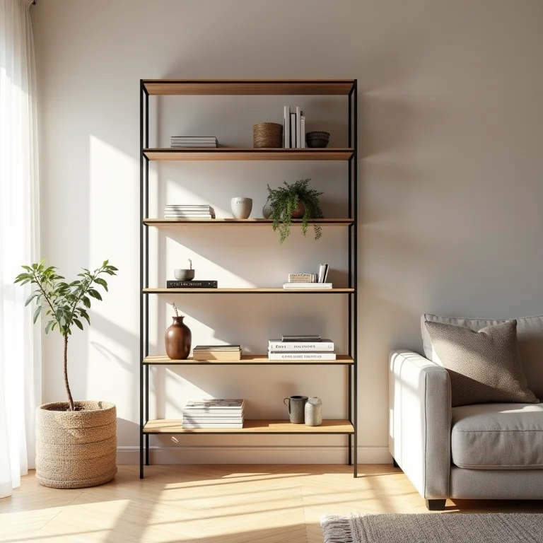 Estante de aço em sala de estar moderna com toques industriais