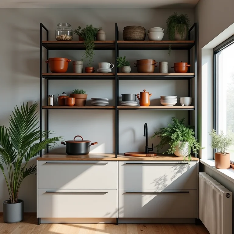 Estante de aço na cozinha: funcionalidade e modernidade.