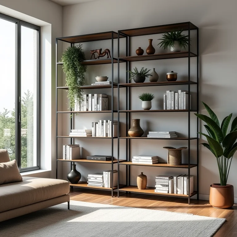 Estante de aço na sala de estar com toque industrial.