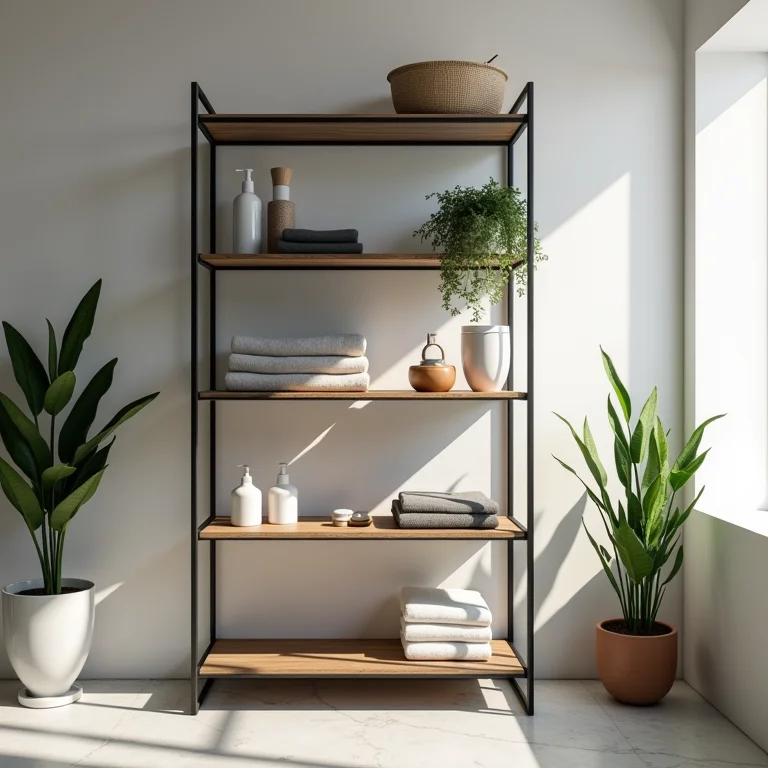 Estante de aço no banheiro: um toque inusitado.