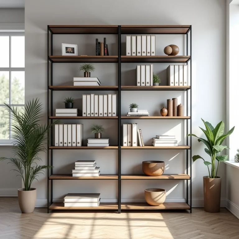 Estante de aço no home office para organização e produtividade.