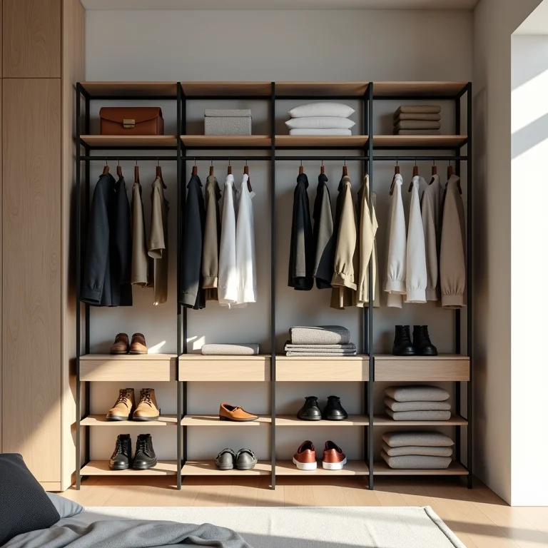 Estante de aço no quarto para organização e estilo.