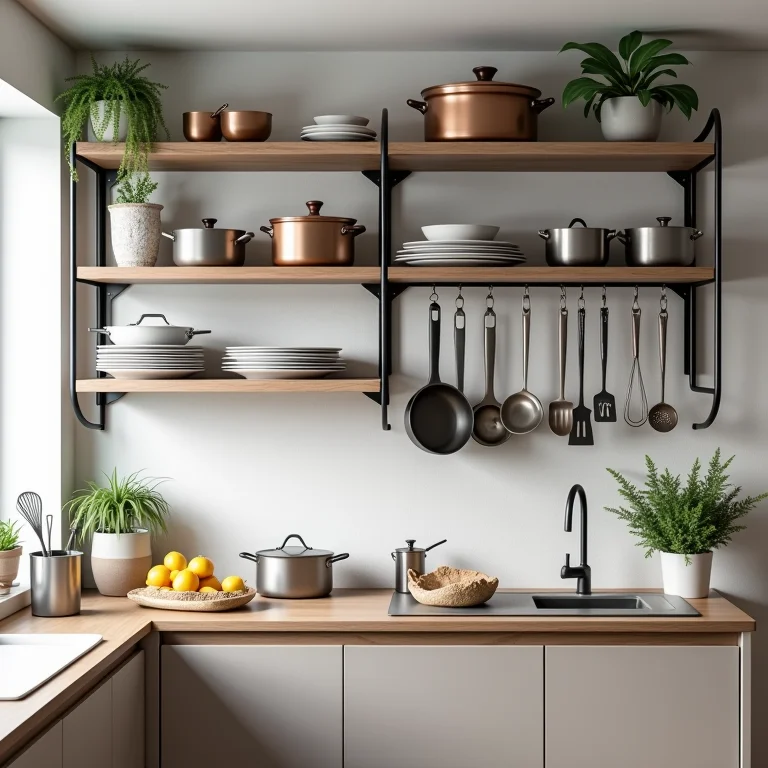 Estante de aço organizando utensílios na cozinha