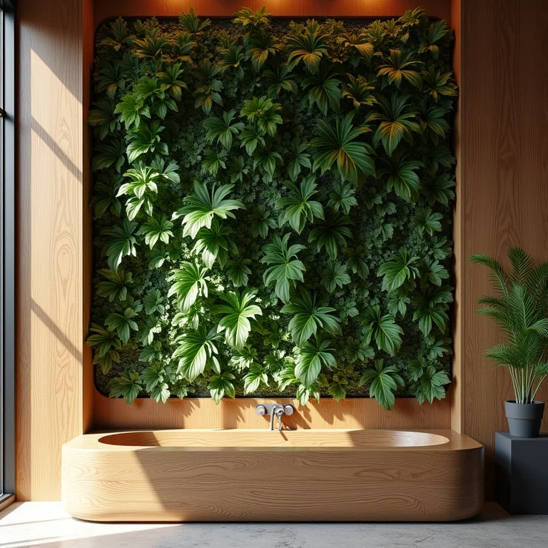 Estrutura de madeira suportando jardim vertical no banheiro.