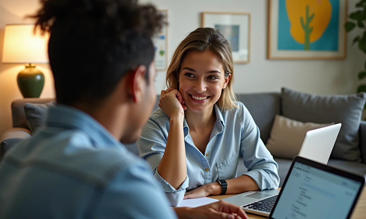 Estudante conversando com terapeuta online em ambiente confortável.